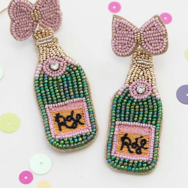 Rose Bottle Beaded Earrings | Handmade Wine Bottle Drop Earrings | Green Bottle with Blush Bow | Party Special Occasion Earrings |