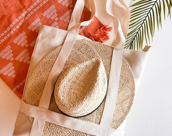 Hat Carrying Tote | Canvas Hat Bag | Cream Vacation Purse