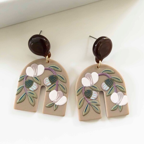 Marcie Taupe Clay Earrings | Art Deco Arch Earrings with Floral Branch Details | Neutral Clay Earrings