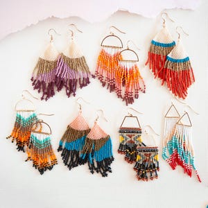Hand Beaded Tassel Earrings | Colorful Boho Tribal Fringe Earrings | Color Block Seed Bead Danglers