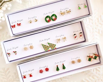 Boxed Christmas Earrings Set | Gift Ready Holiday Stud Sets | Dainty Santa Jewelry