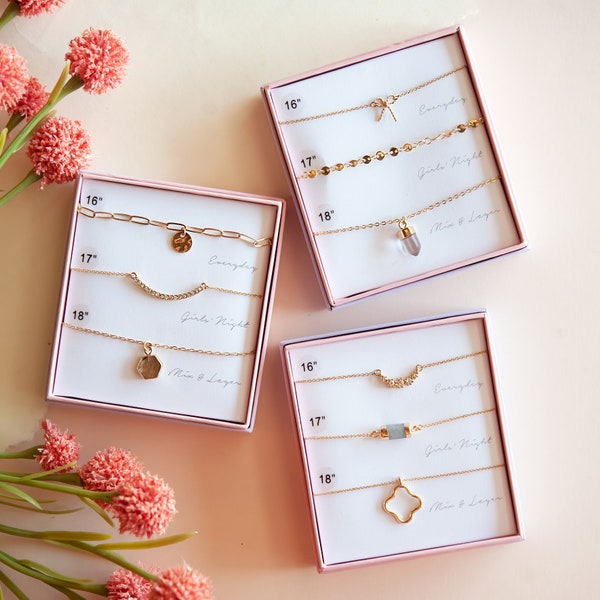 Boxed Necklace Sets | Dainty Layered Necklaces | Gemstone and Charm Necklace | Teachers Day Gift | Back to School Gift | Set of 3