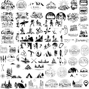 98 Camping Vanlife Esportes Caminhadas Cricut Plotter Arquivos Silhueta Adesivo PNG PDF SVG designs diy para sacolas, camisas, canecas, adesivos de carro
