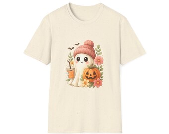 Cute Ghost Halloween PNG, Bubble Tea, Pumpkin, Blooms