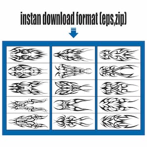 May include: A collection of black tribal flame designs in a grid, set against a blue border. The text "instan download format (eps,zip)" is above the designs. Each design is unique, featuring flowing lines and curves.