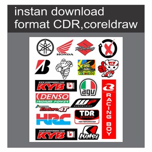 Op de afbeelding: Een verzameling motorrace-logo's en merkemblemen in verschillende vormen en kleuren. Bevat logo's voor Honda, Yamaha, KYB en Racing Boy, met de tekst "instan download format CDR, coreldraw" bovenaan.