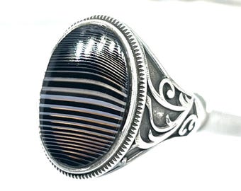 Sulemani Aqeeq Silver Ring For Men, Silver Handmade Jewelry, 925 Sterling Silver, For Men, Black Aqeeq - Agate..