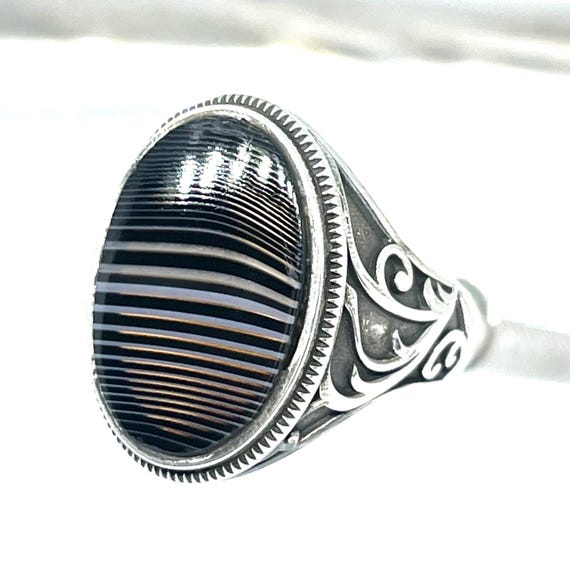 Sulemani Aqeeq Silver Ring For Men, Silver Handmade Jewelry, 925 Sterling Silver, For Men, Black Aqeeq - Agate..