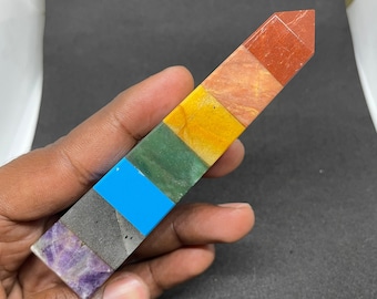 May include: A rainbow crystal point with seven colors: purple, black, blue, green, yellow, orange, and red.