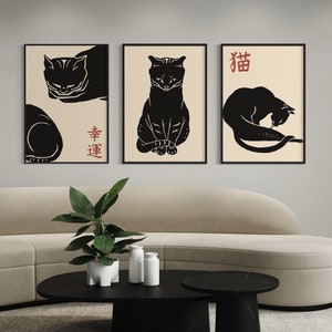 Set of 3 Matsumoto Hoji print, japandi cat exhibition poster gallery wall, retro contemporary decor, minimalist Japanese cat