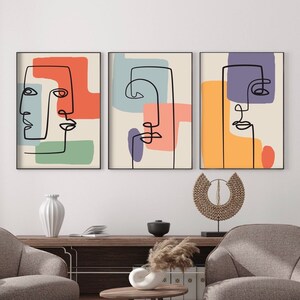 Set of 3 Picasso print, vintage exhibition poster gallery wall, one line retro decor, cubism Matisse set of three, minimalist colourful set