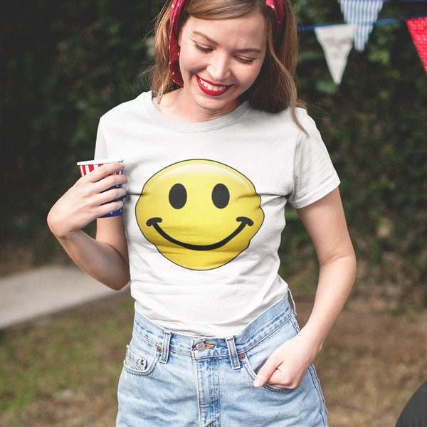 Smiley Face, Happy Face, T-Shirt Music 90s Hipster, Women's Fashion, Old School T-shirt