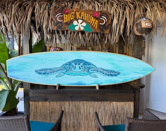 Teal Sea Turtle Surfboard Wall Art: Coastal Beach House Decor