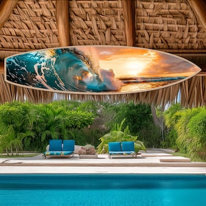 Ocean Wave Surfboard Wall Art: Golden Sunset Beach Decor