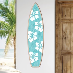 Wooden Surfboard Wall Art, Tropical Hibiscus Wall Hanging, Surf Decor, Preppy Aesthetic, Beach Decor, Coastal Decor, Surf Inspired Bedroom