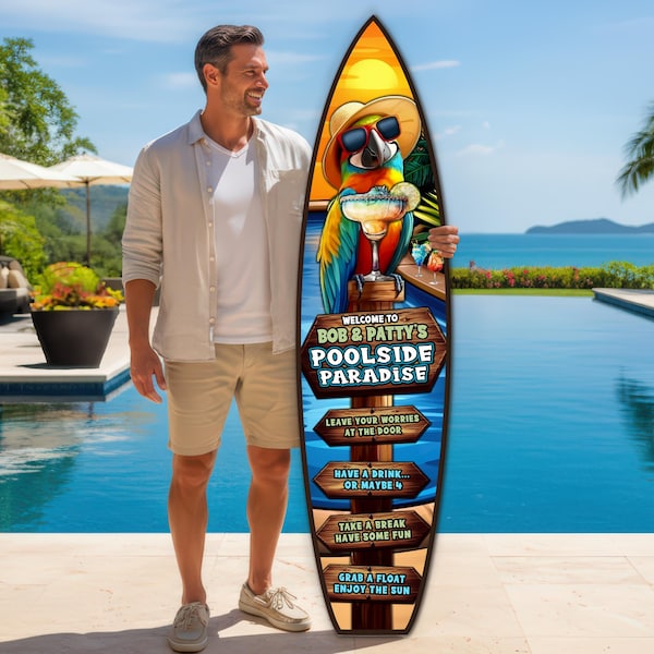Custom Pool Sign: Tropical Parrot Surfboard Wall Art, Personalized Pool Decor