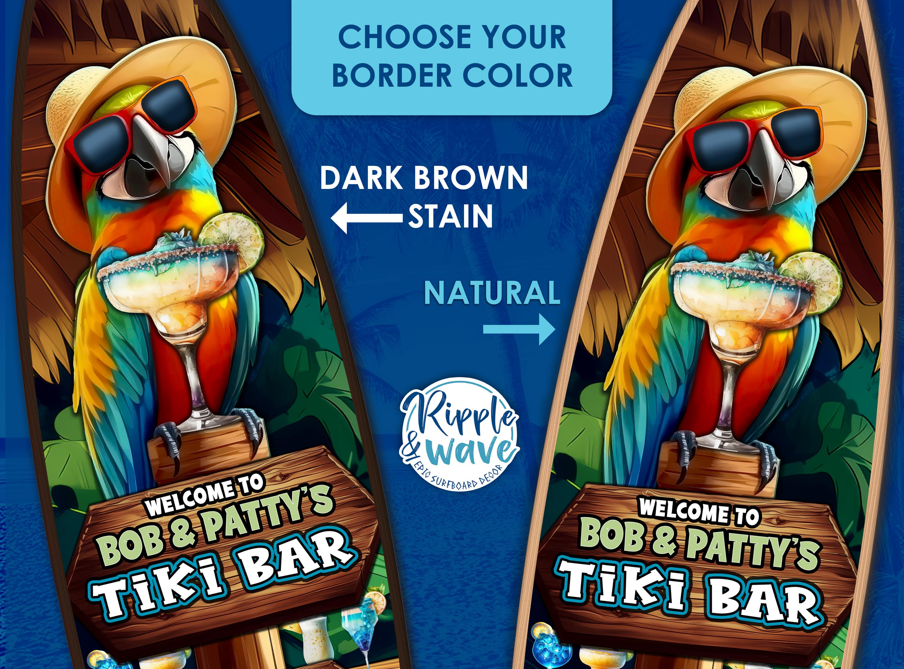 39 Inch Tiki Man Surfboard Wood Sign – Tropical Wall Art, Hand Painted Parrot