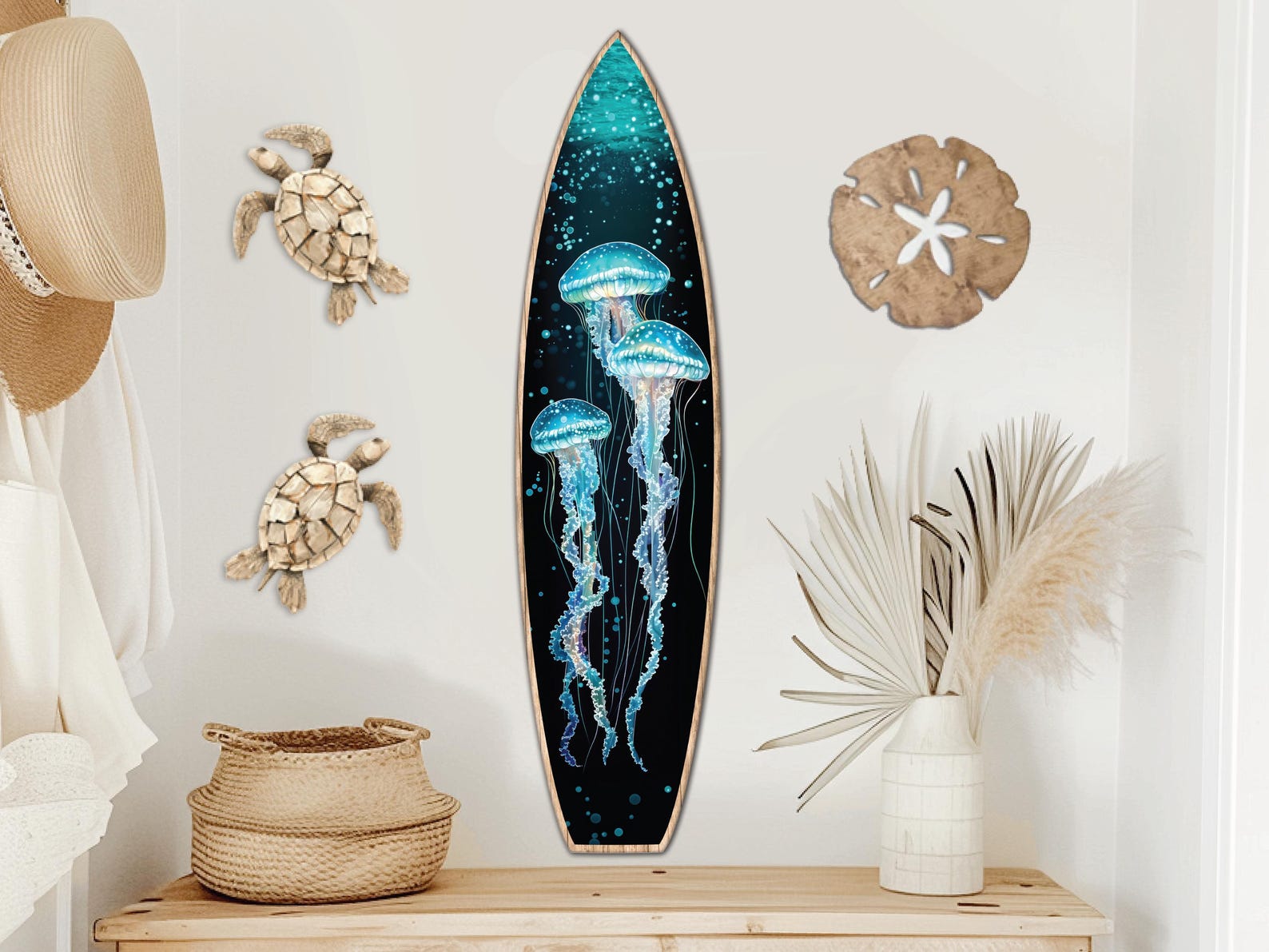 Jellyfish Wall Art, Decorative Wooden Surfboard, Beach House & Coastal ...