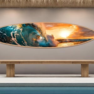Ocean Wave Surfboard Wall Art: Golden Sunset Beach Decor