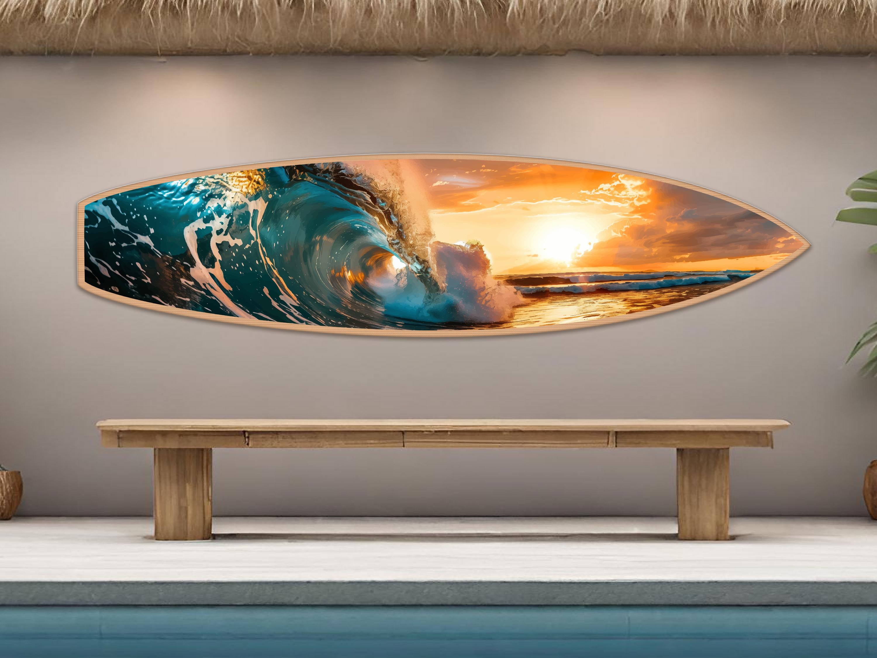 Ocean Art Surf Decor. Wooden Surfboard Wall Art, Beach Decor, Golden Hour Beach Scene, Outdoor Ocean Wave at Sunset