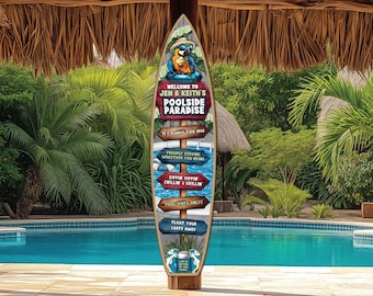 PERSONALIZED, Custom Swimming Pool Sign, Wooden Surfboard Wall Art, Fun Patio Sign, Outdoor Pool Decor, Tropical Gift