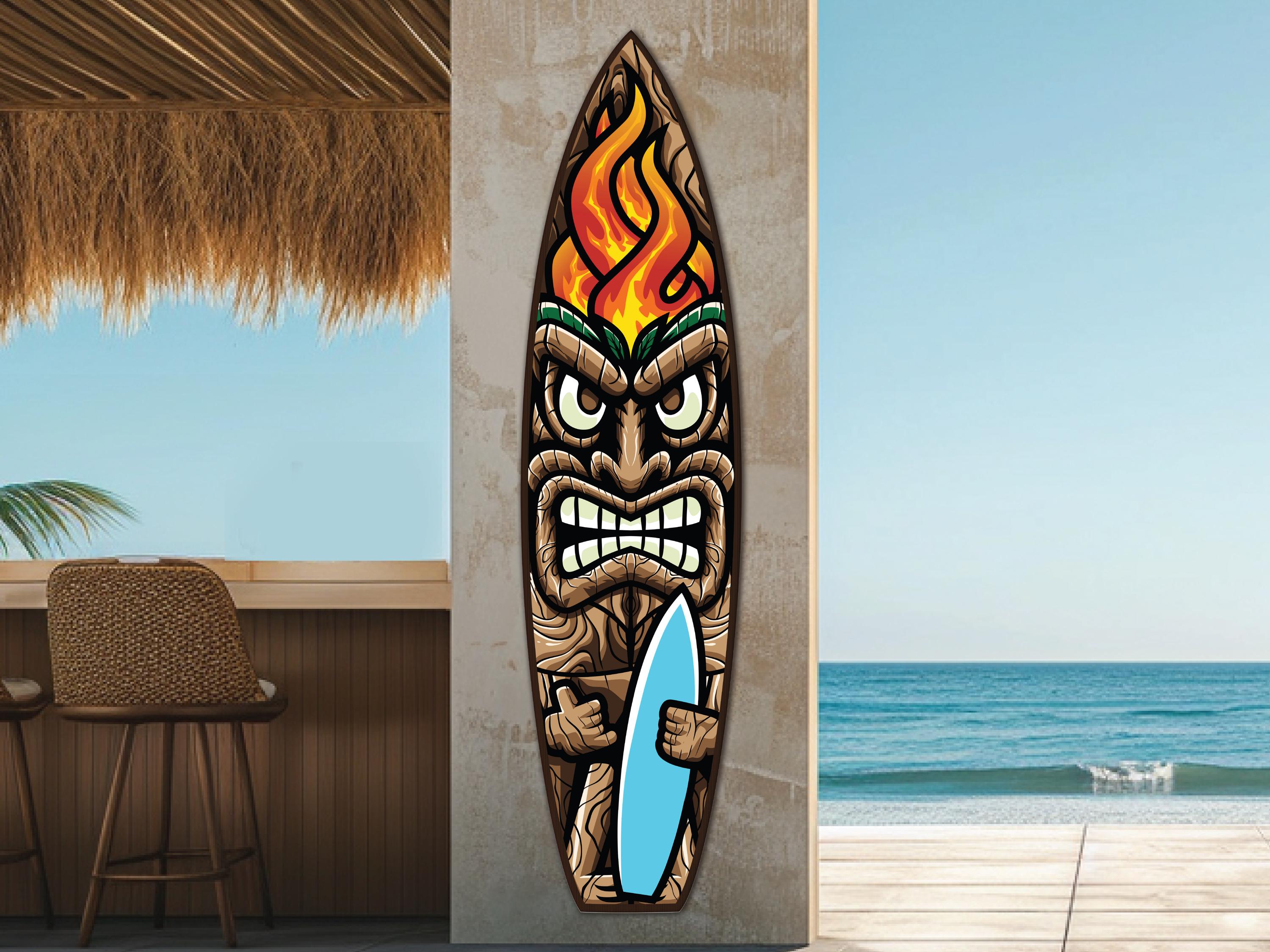 Barre Tiki Surfeur 20" - Sculptée à La Main - Décor Mural Art Tiki - Multicolore