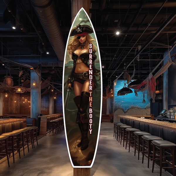 Pirate Bar Decor, Pirate Sign, Wooden Surfboard Wall Art, Fun Patio Sign