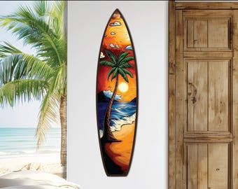 Palm Tree Sunset Surfboard Wall Art: Tropical Beach Decor