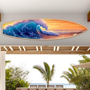 Ocean Wave Surfboard Wall Art: Golden Sunset Beach Decor