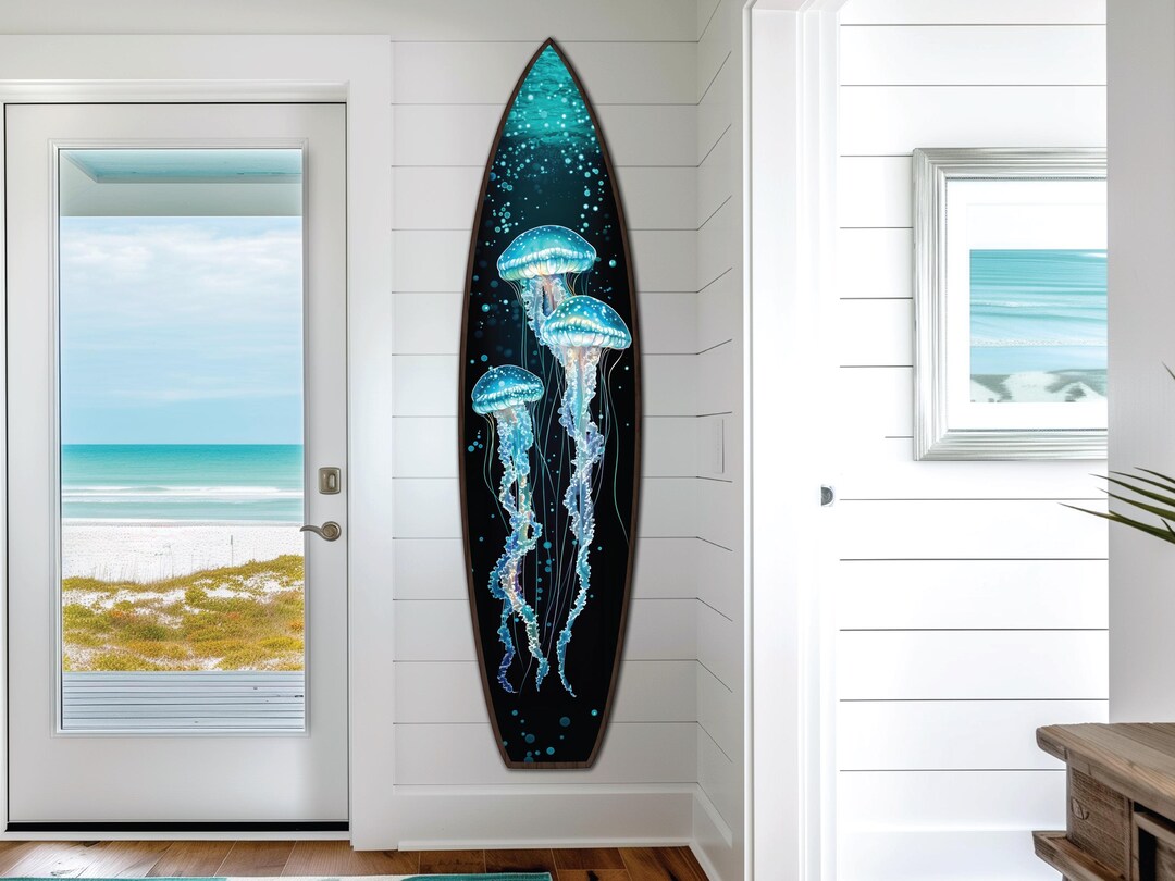 Jellyfish Wall Art, Decorative Wooden Surfboard, Beach House & Coastal ...