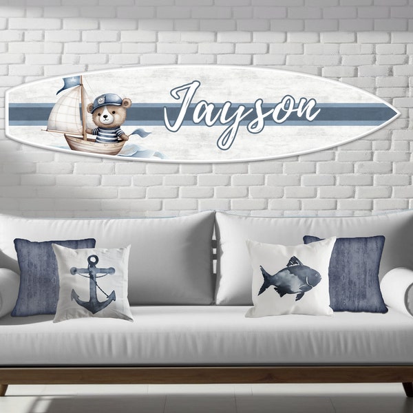 PERSONALIZED Nursery Name Sign, Nautical Teddy Bear Wall Art, Surfboard Sign, Sailing Theme, Boy's Nursery Decor