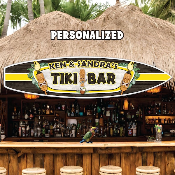 PERSONALIZED, Custom Tiki Bar Sign, Wooden Surfboard Wall Art, Fun Patio Sign