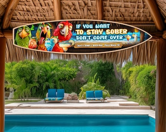 Custom Tiki or Beach Bar Sign, Personalized Wooden Surfboard Wall Art, Fun Patio Sign, Parrot and Cocktails, Beach and Coastal Decor