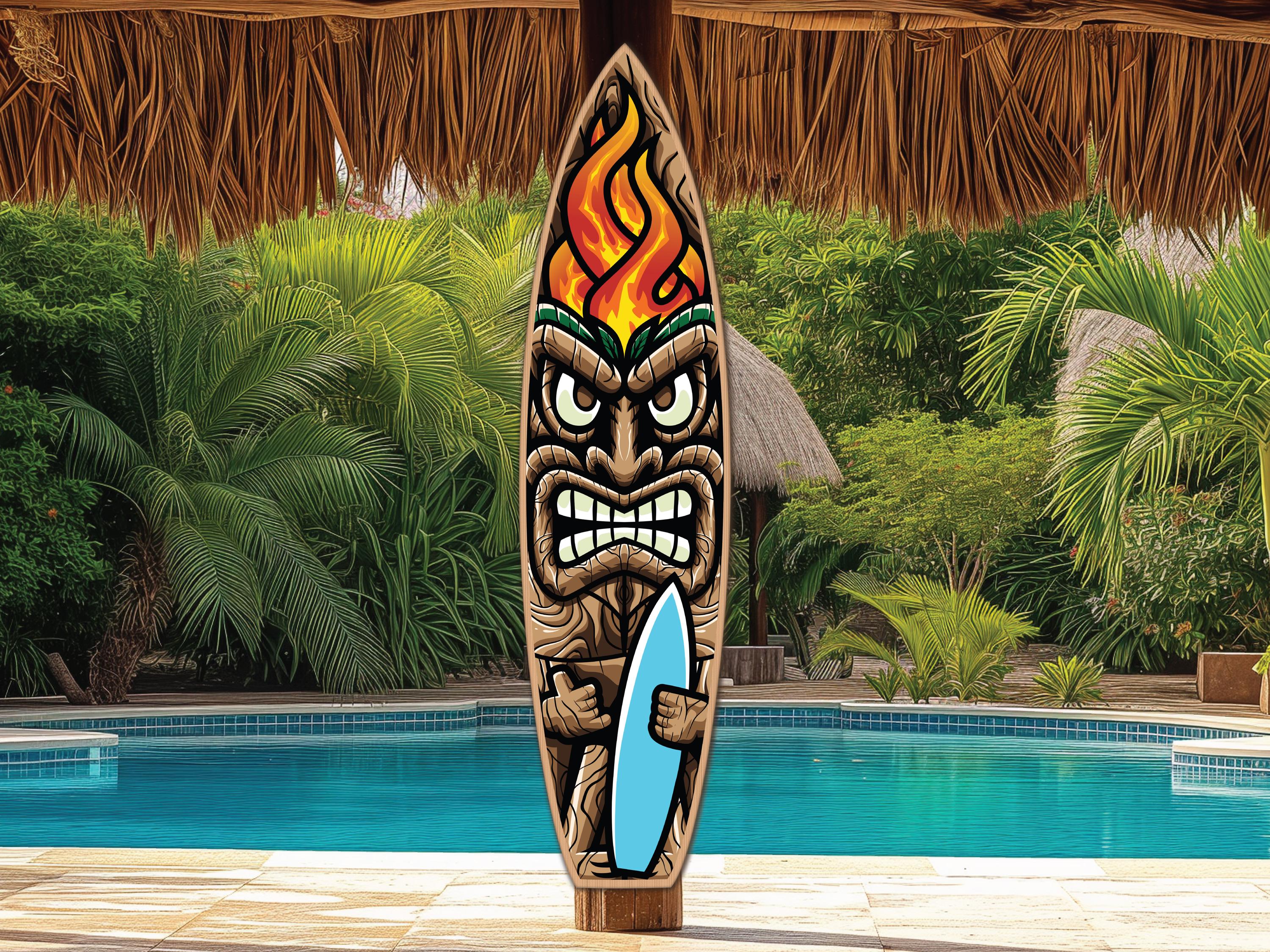 Barre Tiki Surfeur 20" - Sculptée à La Main - Décor Mural Art Tiki - Multicolore