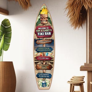 Personalized Tiki Bar Surfboard Sign: Custom Tropical Decor