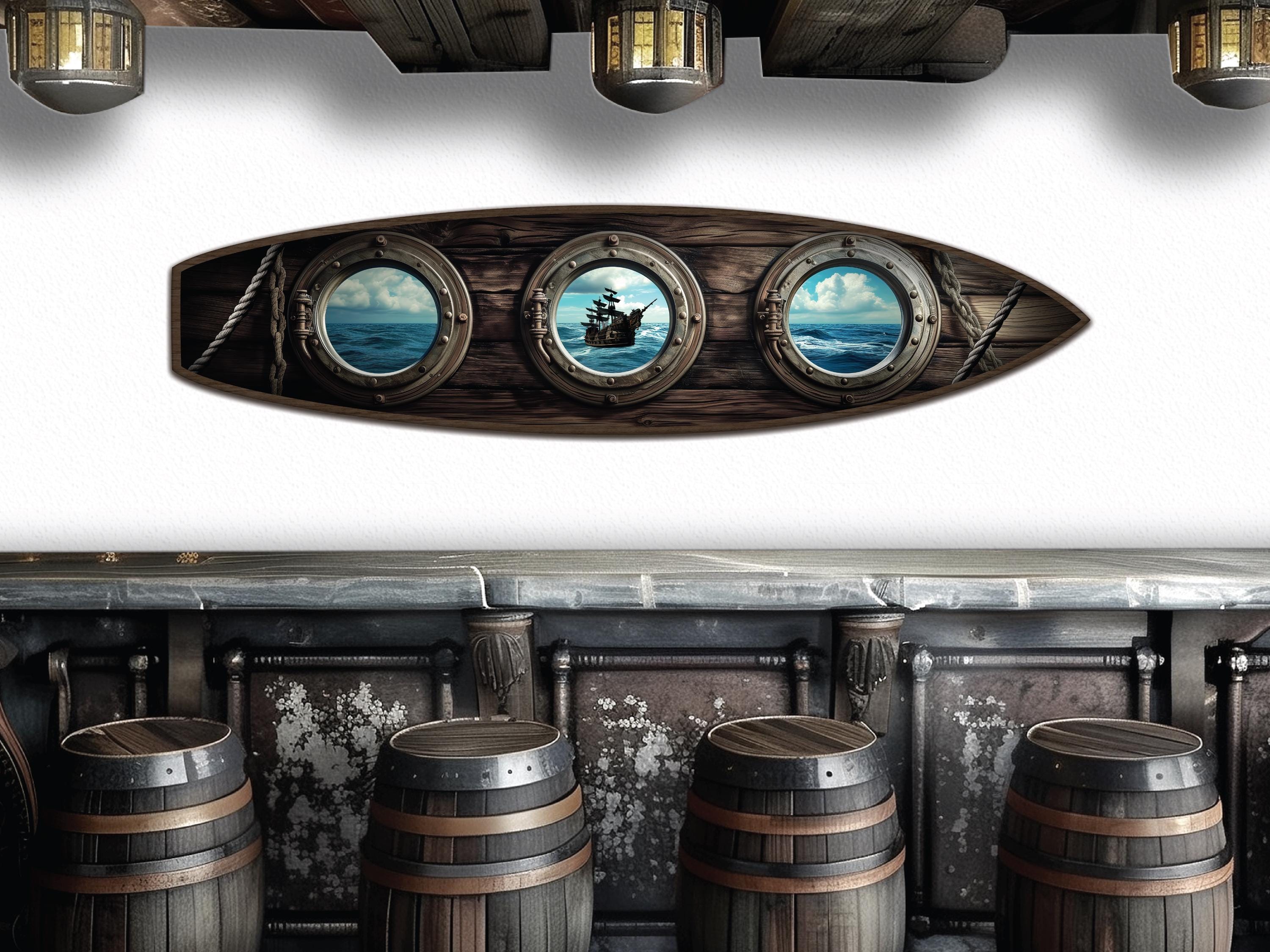 Pirate Ship Porthole Surfboard Wall Art: Nautical Bar Decor