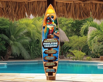 Custom Swimming Pool Sign, Personalized Wooden Surfboard Wall Art, Outdoor Custom Family Pool Sign, Fun Patio Decor, Tropical Parrot Design