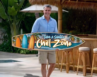 Personalized Beach Bar Surfboard Sign: Tropical Palm Tree Decor