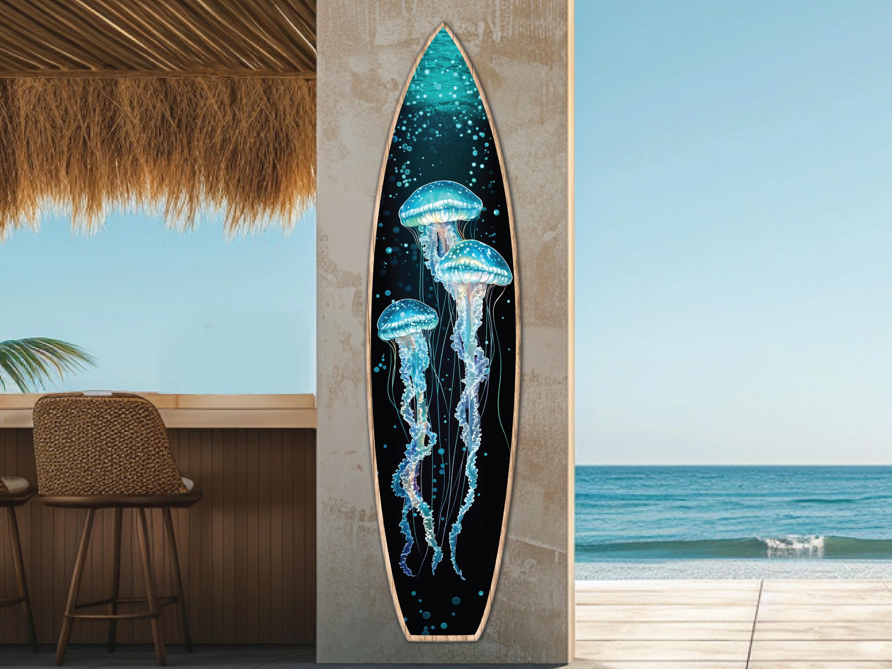 Jellyfish Wall Art, Decorative Wooden Surfboard, Beach House & Coastal ...