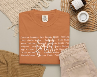 Herfst T-shirt | Herfstlijst met afbeeldingen | Pompoen- en specerijenseizoen | Comfortabel shirt | Herfstfavorieten T-shirt | Cadeau voor herfstliefhebbers