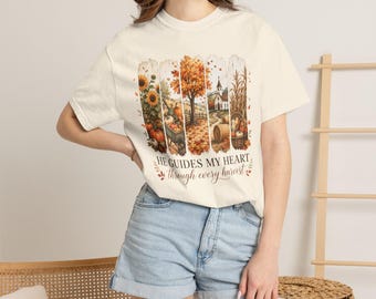 Hij leidt mijn hart door elke oogsttijd T-shirt | Herfstpompoenen Zonnebloemen Cottage