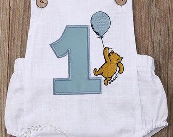 Classic Winnie the Pooh Boy, Summer Romper Sleeveless Backless Overalls, Custom Made, Winnie the Pooh with Balloon Embroidered