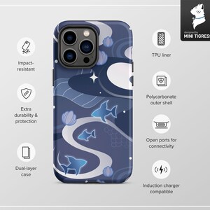 May include: A blue and white phone case with a swirling pattern and fish silhouettes. The case is designed to be impact-resistant, durable, and compatible with wireless charging.