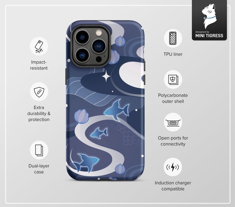 May include: A blue and white phone case with a swirling pattern and fish silhouettes. The case is designed to be impact-resistant, durable, and compatible with wireless charging.