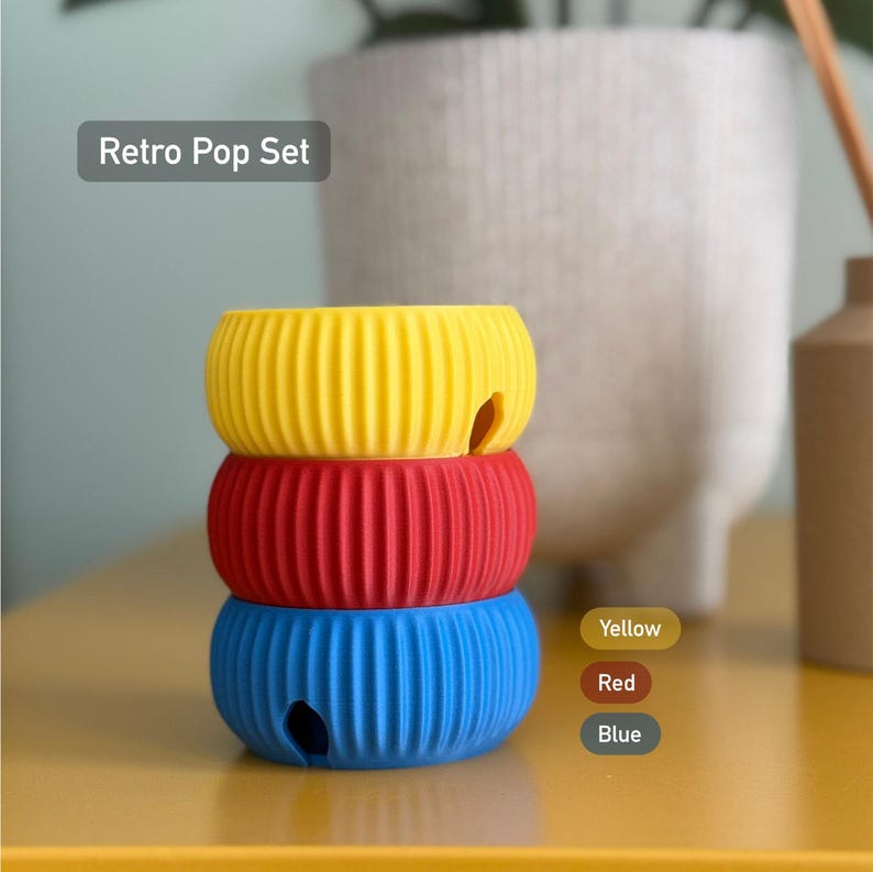 Minimalist Cable Tidy Organiser | Rotating Cord Winder for Desk & Travel | Compact Stylish Cable Storage with 1m 2m 3m Lengths | Nashimono Retro Pop Set