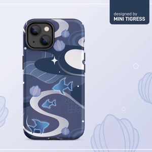 May include: A blue and white phone case with a design of fish and seashells. The case is designed by MINI TIGRESS.