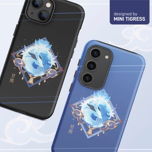 May include: Two phone cases, one black and one blue, each featuring a stylized blue and white illustration of a mythical creature within a diamond-shaped frame. The cases have a glossy finish and the text "designed by MINI TIGRESS".