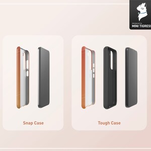 May include: Two phone cases, one a snap case and one a tough case, are shown in a 3D rendering. Both cases are orange and black and are designed for a smartphone. The text "Snap Case" and "Tough Case" are displayed below each case.