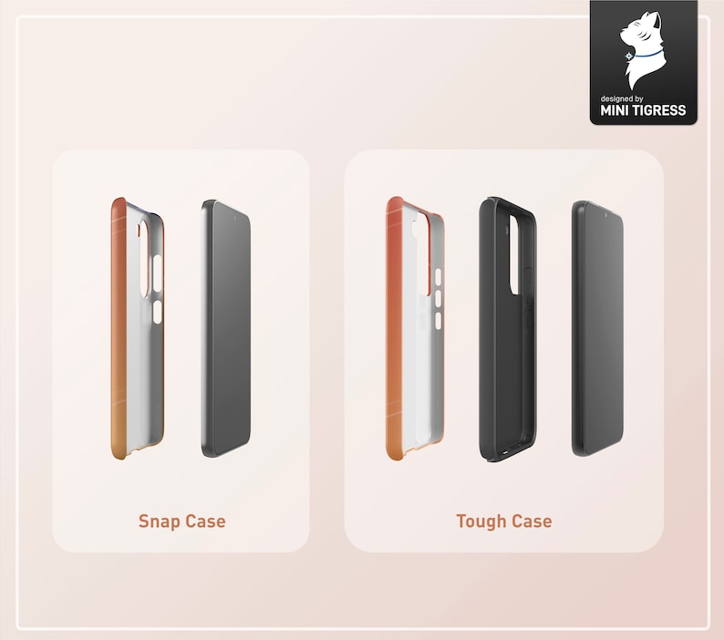 May include: Two phone cases, one a snap case and one a tough case, are shown in a 3D rendering. Both cases are orange and black and are designed for a smartphone. The text "Snap Case" and "Tough Case" are displayed below each case.