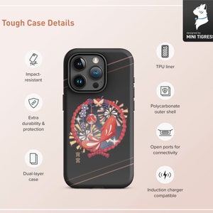 May include: A black phone case with a colorful Japanese-inspired design featuring fireworks and a red fish. The case is made of a durable polycarbonate outer shell and a TPU liner. It has open ports for connectivity and is compatible with induction chargers.
